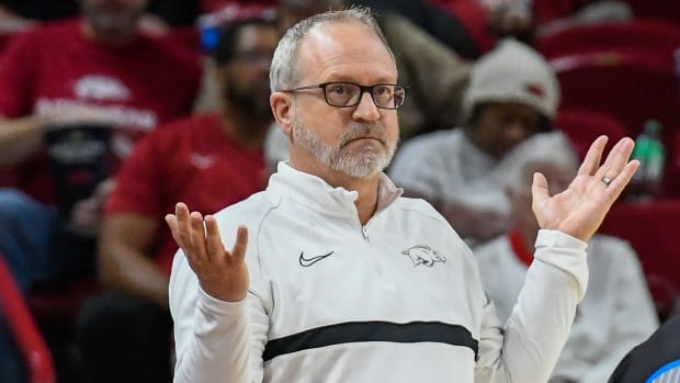 Razorbacks coach Mike Neighbors during game against Incarnate Word
